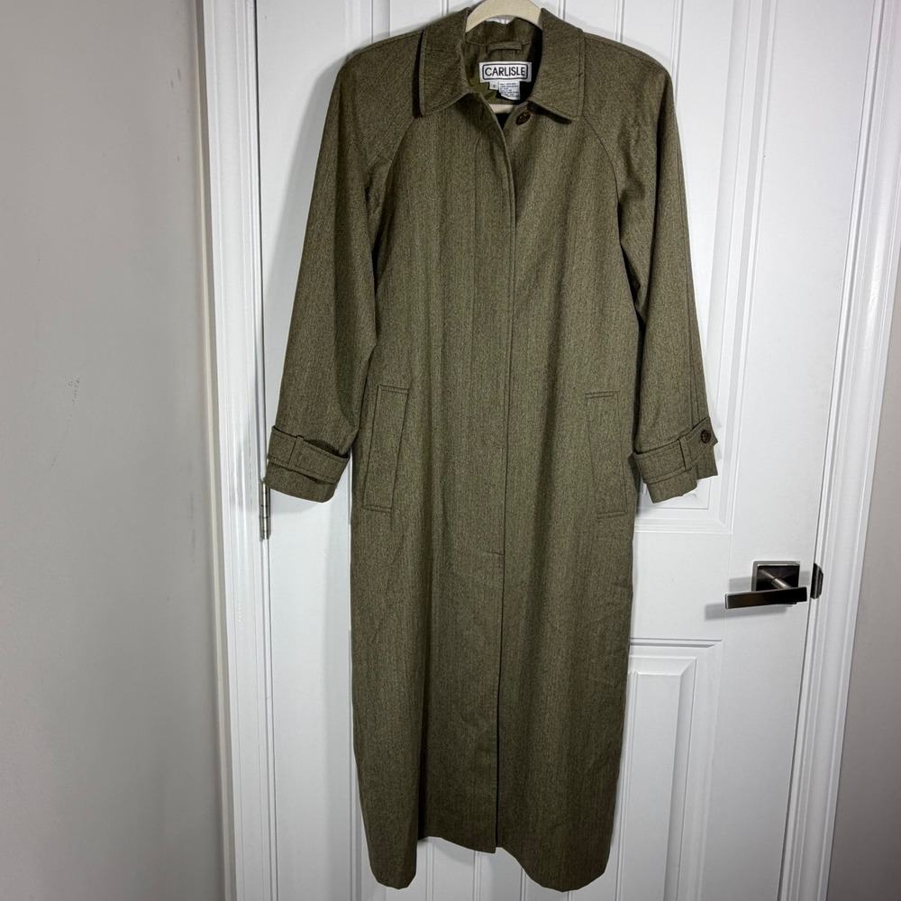 Carlisle Vintage Wool Trench Coat Olive Green Longline Overcoat Womens Size 0